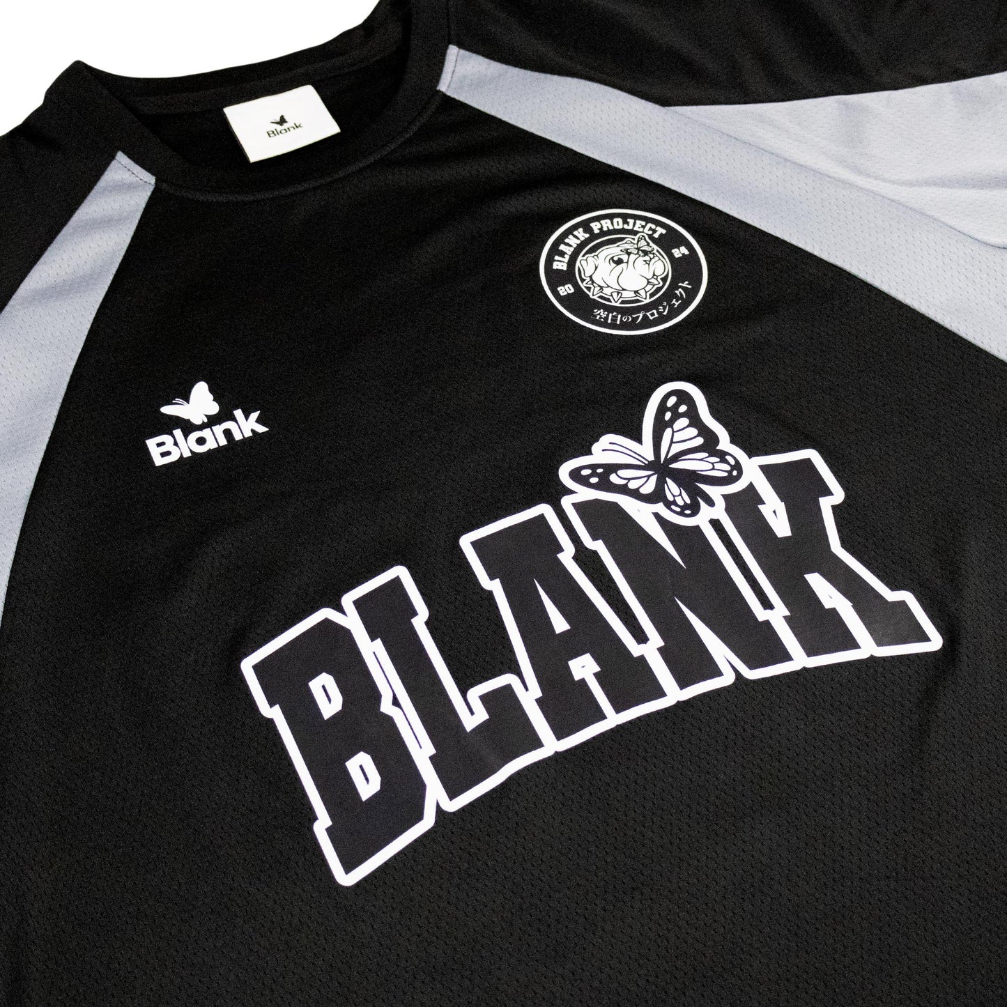 Black color football jersey with bulldog badge and butterfly perched on logo