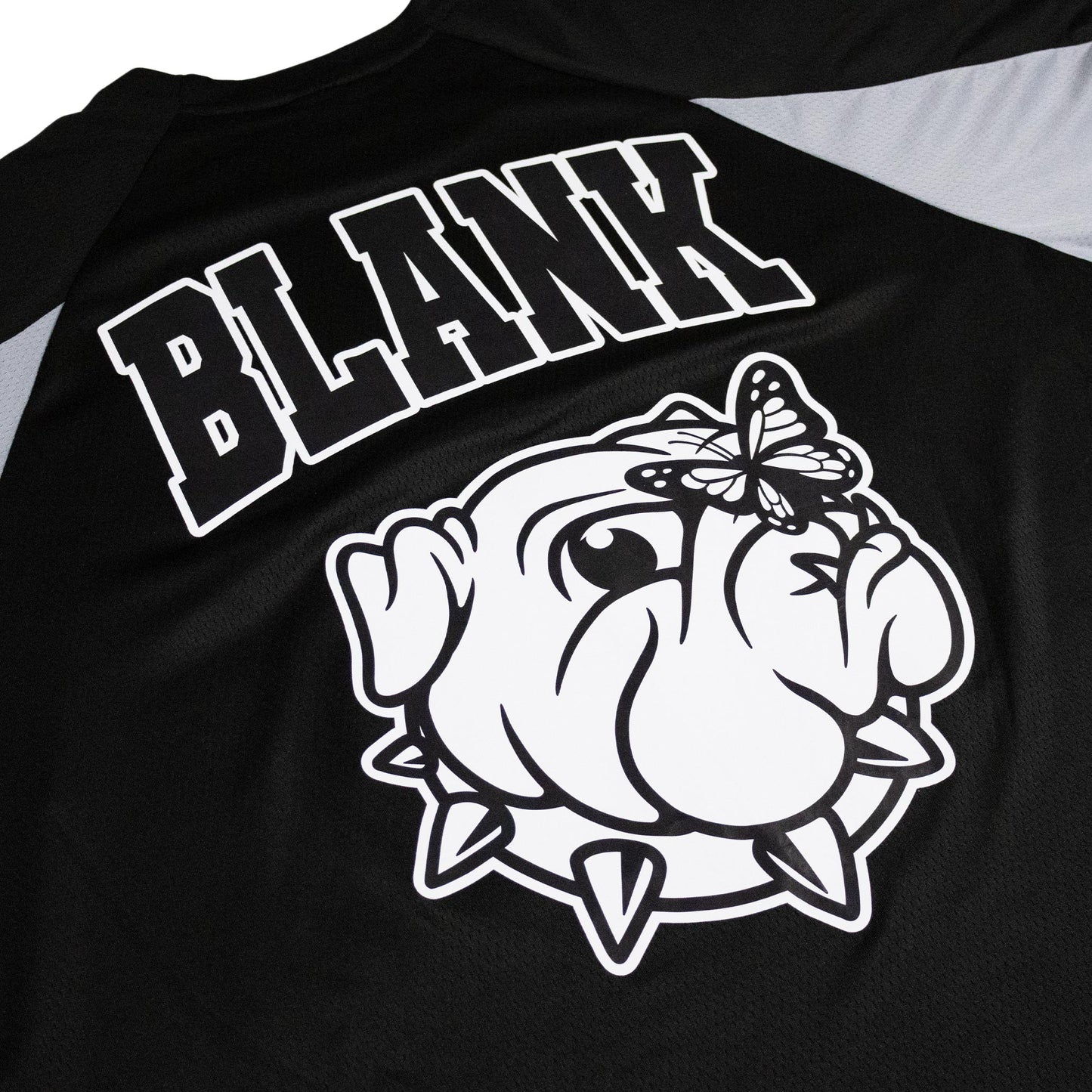 Butterfly perched on bulldog graphic on football jersey in black color