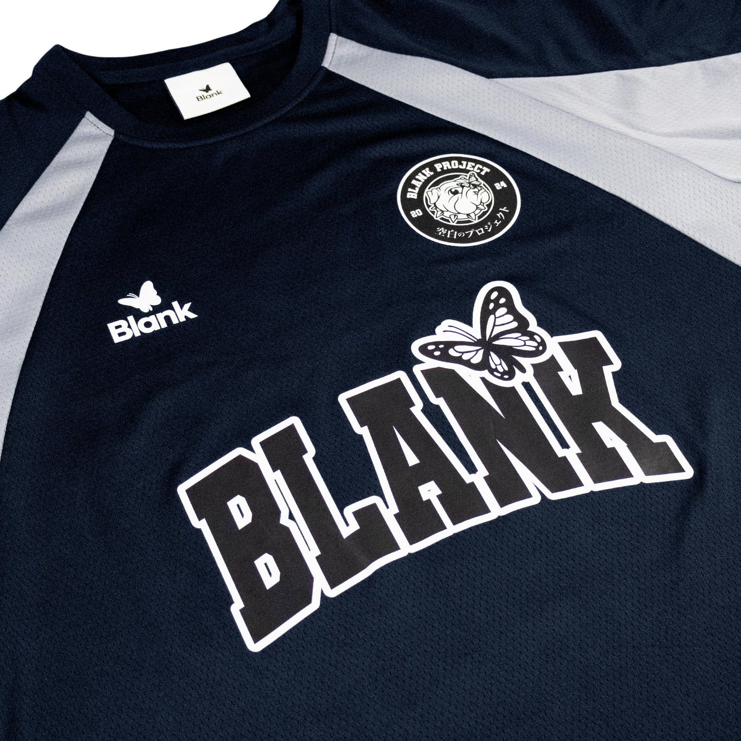 Navy color football jersey with bulldog badge and butterfly perched on logo