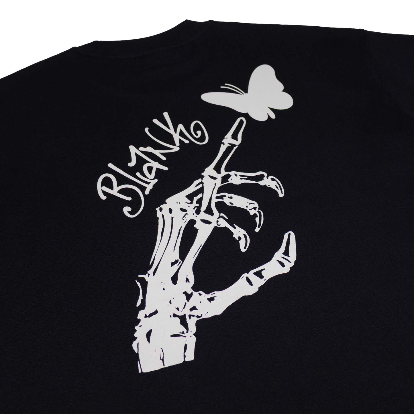 Skeleton Hand with butterfly graphic on a black t shirt in black color