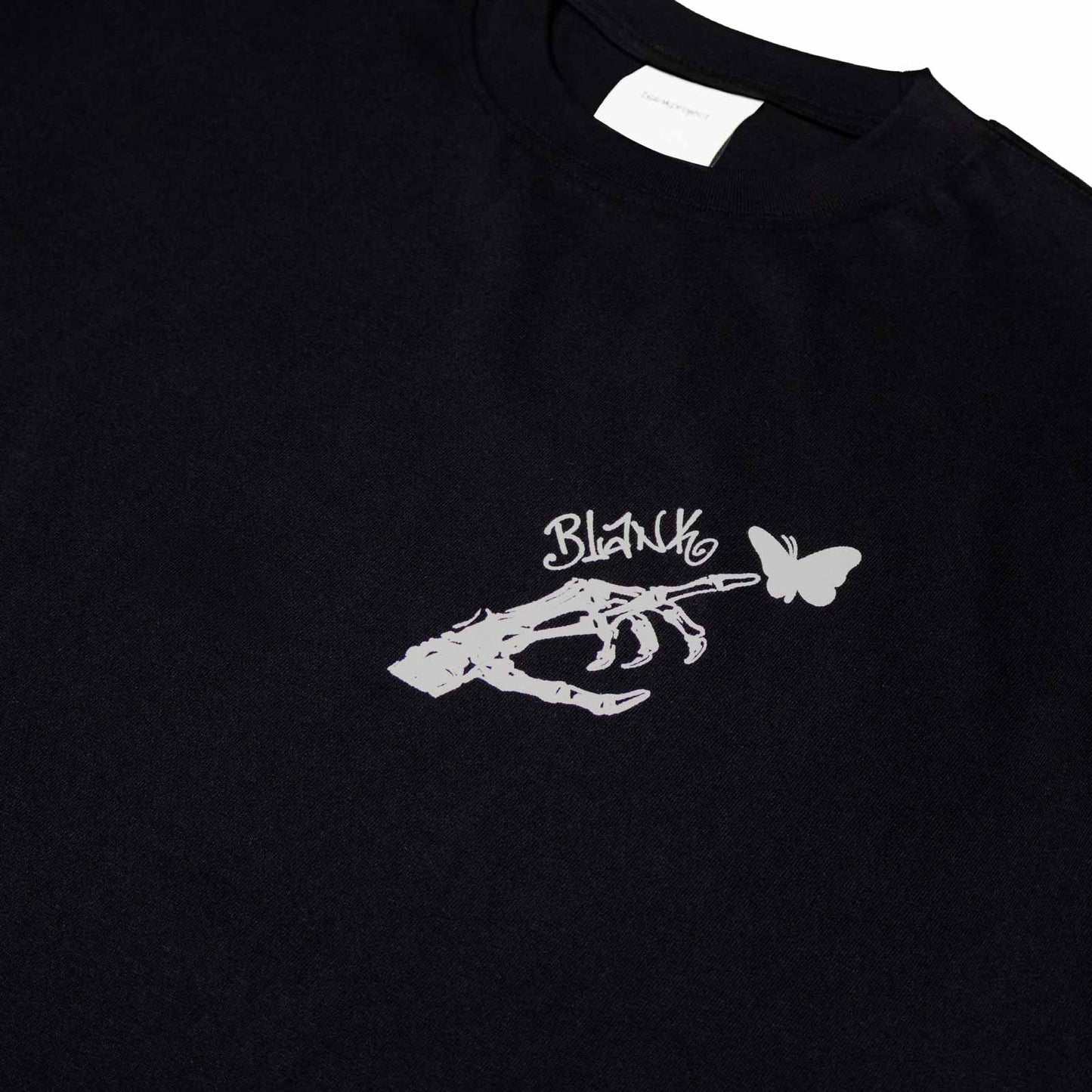 Skeleton Hand with butterfly graphic on a black t shirt in black color
