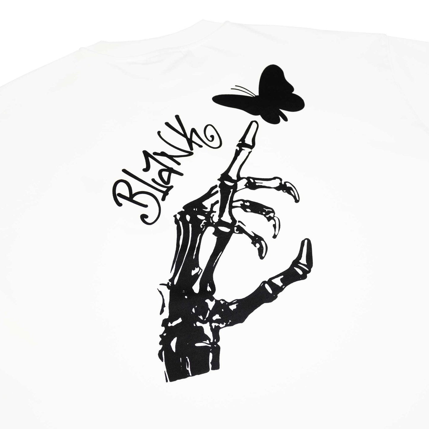 Skeleton Hand with butterfly graphic on white t shirt