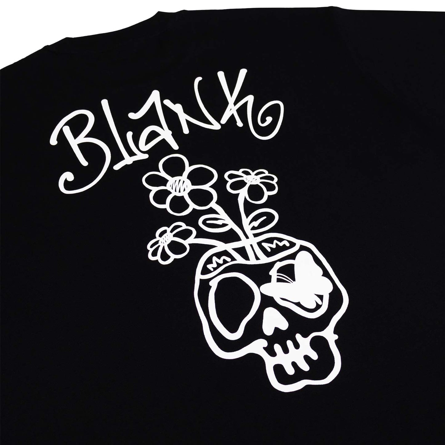 Blank Project Flower and Skull graphic on a black t shirt in black color