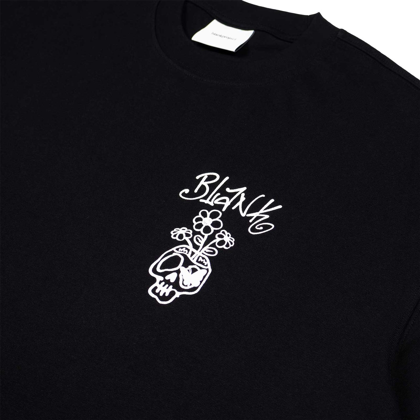 Blank Project Flower and Skull graphic on a black t shirt in black color