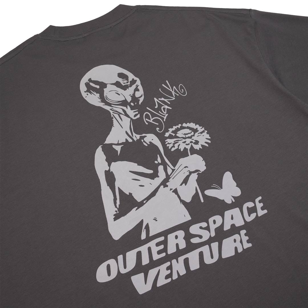 Blank Project alien with flower and butterfly graphic short sleeve t-shirt in charcoal gray color