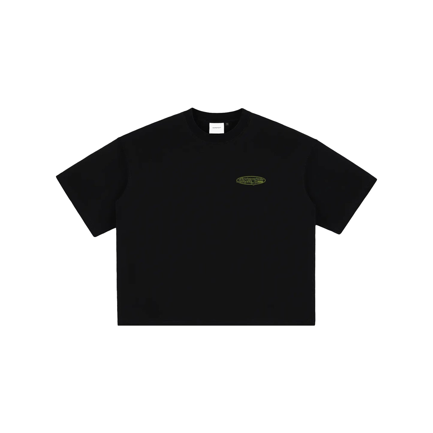 Black t-shirt with an alien small logo on a white background