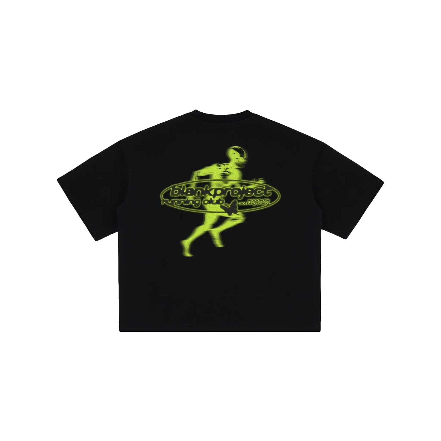 Black t-shirt with yellow alien graphic design on a white background