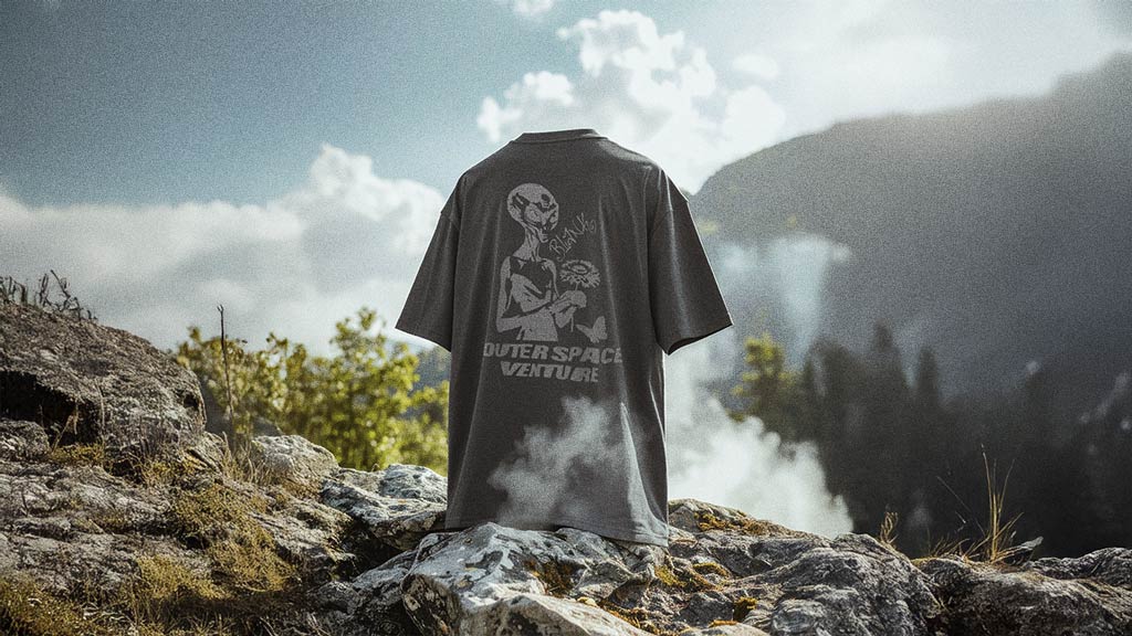 Blank Project alien with flower and butterfly graphic short sleeve t-shirt floats on rocks and nature background
