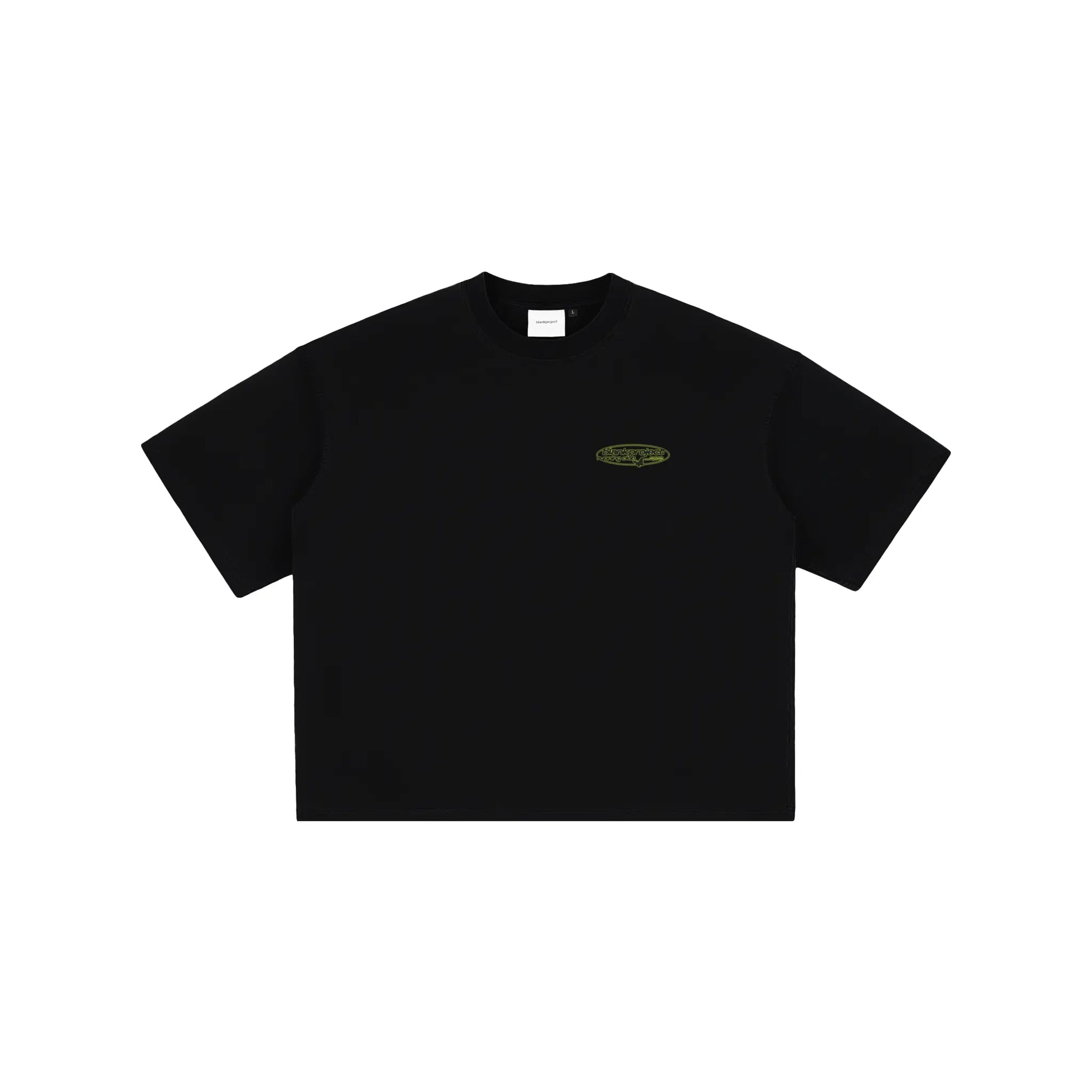 Black t-shirt with an alien small logo on a white background